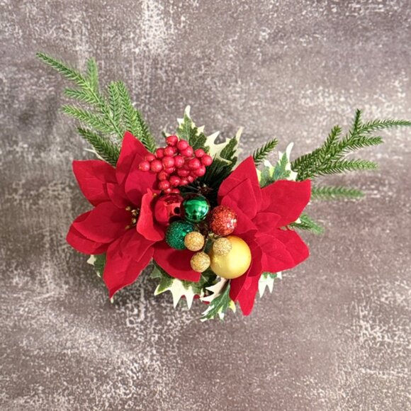 Red Poinsettia Christmas Faux Floral Arrangement in Frosted Mason Jar Decor - Picture 7 of 10